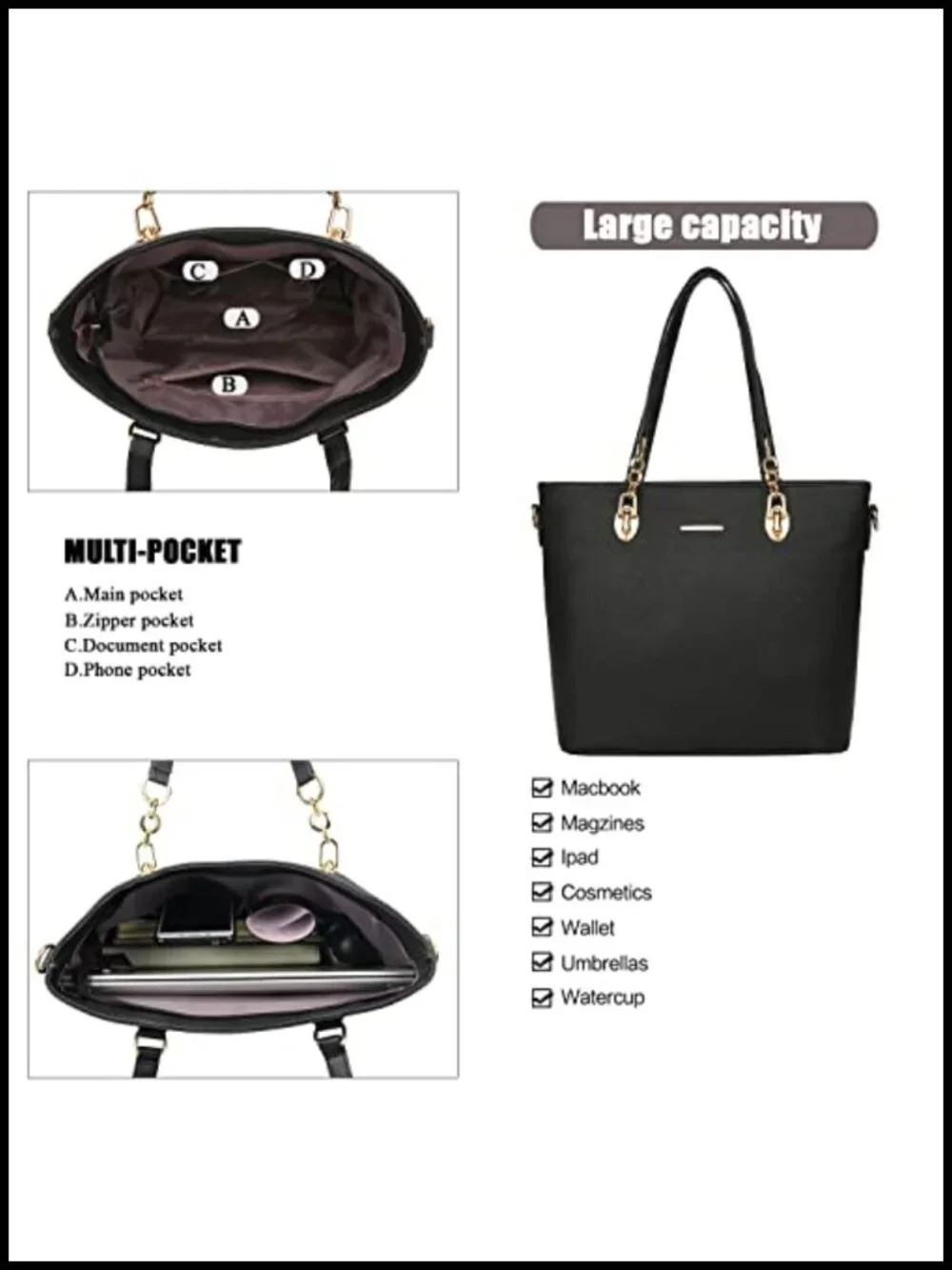 6-Piece Synthetic Leather Tote Crossbody Bag Set with Satchel Clutch